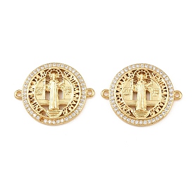 Шармы-соединители из латуни с микропаве из прозрачного кубического циркония, плоский круглый с звеньями Девы Марии, долговечный, без кадмия и без свинца, стойки покрытие