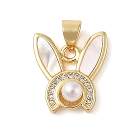 Brass & Shell & Clear Cubic Zirconia Pendants, with ABS Plastic Pearl, Rabbit Head