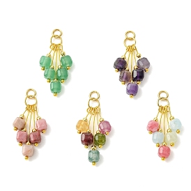 Natural Mixed Stone Pendants, Faceted Cube Tassel Charms, with Brass Beads