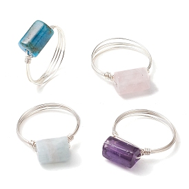 4Pcs 4 Styles Column Natural Apatite & Aquamarine & Amethyst & Rose Quartz Finger Rings Sets, Copper Wire Wrapped Ring for Women