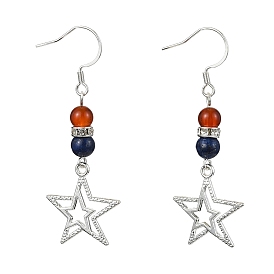 Tibetan Style Alloy Star Dangel Earrings, Natural Lapis Lazuli & Carnelian Beaded Long Drop Earrings