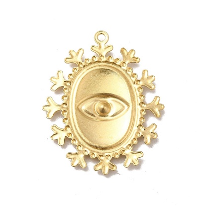 Brass Pendant Rhinestone Settings, Oval Charm with Evil Eye Pattern