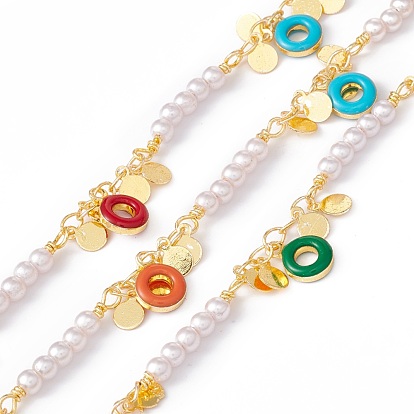 Handmade Eco-friendly Brass Enamel Ring & Flat Round Charms Chain, with Enamel & Glass Pearl Beaded, Real 18K Gold Plated, Lead Free & Cadmium Free, Soldered, with Spool