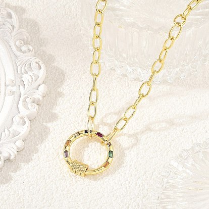 Brass Paperclip Chain Necklaces with Colorful Cubic Zirconia Ring Carabiner Locks for Women