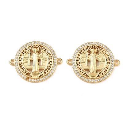 Шармы-соединители из латуни с микропаве из прозрачного кубического циркония, плоский круглый с звеньями Девы Марии, долговечный, без кадмия и без свинца, стойки покрытие