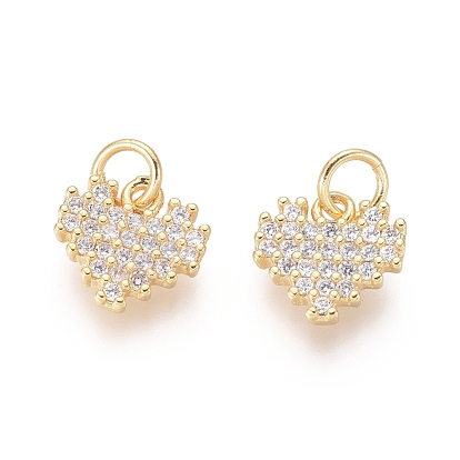 Brass Charms, with Clear Cubic Zirconia and Jump Rings, Heart