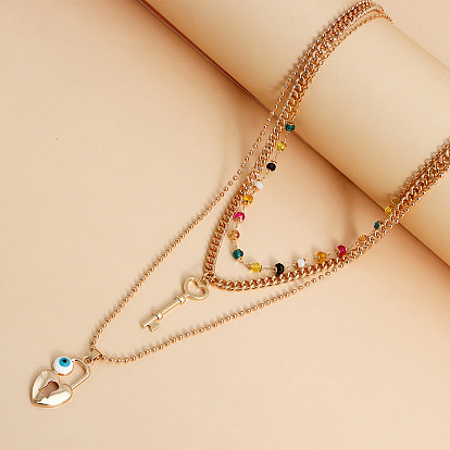 Vintage Triple Layer Heart Key Lock Pendant Necklace with Colorful Beads Handmade Chain Jewelry
