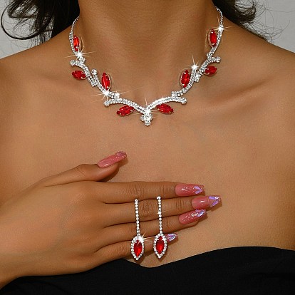 Комплект из висячих серег-гвоздиков и ожерелий с подвесками в виде листьев из латуни и страз для женщин