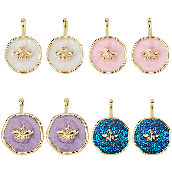 8 шт. 4 цвета латунные эмалевые подвески, долговечный, плоские круглые с пчелой, реальный 18 k позолоченный
