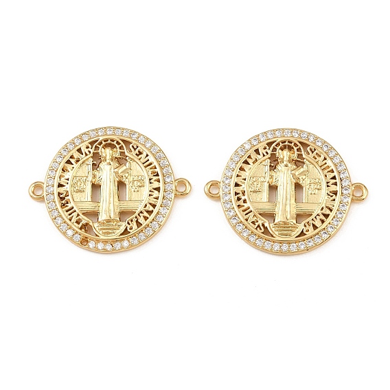 Шармы-соединители из латуни с микропаве из прозрачного кубического циркония, плоский круглый с звеньями Девы Марии, долговечный, без кадмия и без свинца, стойки покрытие