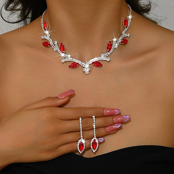 Комплект из висячих серег-гвоздиков и ожерелий с подвесками в виде листьев из латуни и страз для женщин