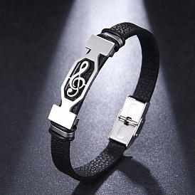 Stainless Steel Musical Note Link Bracelet with Leather Cords for Men