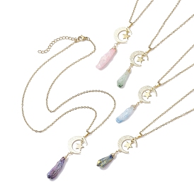 Electroplated Natural Quartz Crystal with Moon and Star Pendant Necklaces, 304 Stainless Steel Cable Chain