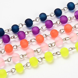 Frosted Transparent Glass Beads Chains for Necklaces Bracelets Making, with Platinum Iron Eye Pin, Unwelded, 39.3 inch