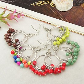 Tibetan Style Chandelier Earrings, Antique Dangling Earring, with Baking Paint Glass Beads and Brass Earring Hooks, 60mm