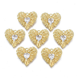 Brass Micro Pave Clear Cubic Zirconia Pendants, Nickel Free, Heart