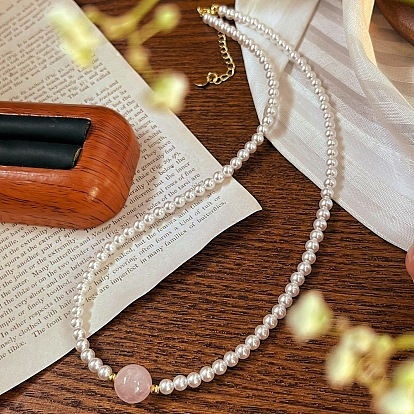 Ожерелья из круглых бусин из искусственного жемчуга и натурального розового кварца для женщин и девочек, золотые