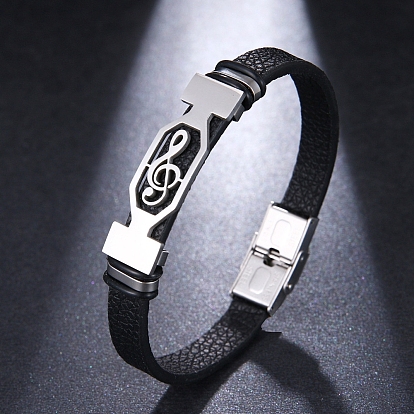 Pulsera de eslabones de notas musicales de acero inoxidable con cordones de cuero para hombre