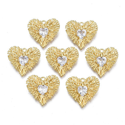 Brass Micro Pave Clear Cubic Zirconia Pendants, Nickel Free, Heart