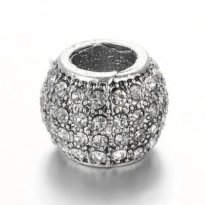Antique Silver Plated Alloy Rhinestone European Beads, Large Hole Rondelle Beads, 12x9mm, Hole: 5.5mm