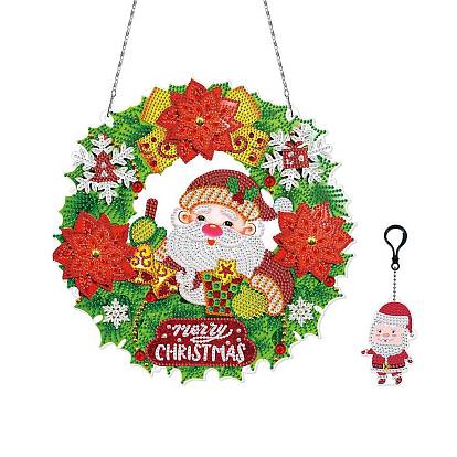 Christmas Theme DIY Diamond Painting Pendant Decoration Kits, Wreath with Santa Claus/Christmas Bell, including Resin Rhinestones, Diamond Sticky Pen, Tray Plate and Glue Clay