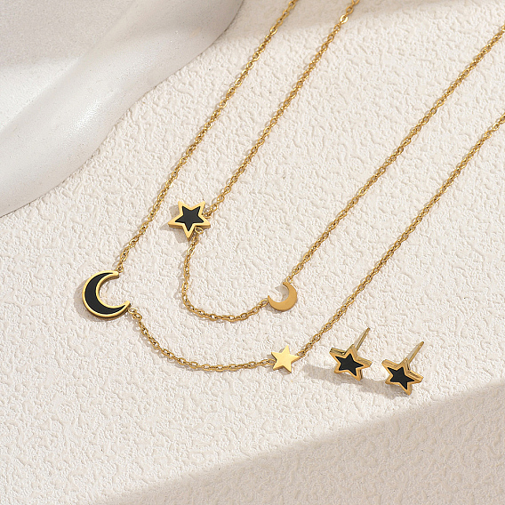 Комплекты из серег-гвоздиков и двухслойного ожерелья из нержавеющей стали с кубическим цирконием в форме звезды и луны