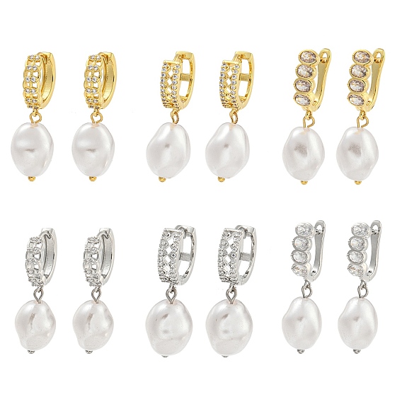 Серьга-кольцо из латуни с микропаве, покрытие стойки, прозрачный кубический цирконий, без кадмия и без свинца, долговечный, с ABS имитации жемчуга, овальные