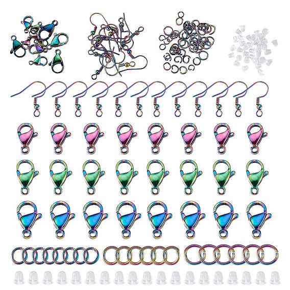 Набор для поиска поделок для изготовления ювелирных изделий, включая цвет радуги 304 застежки из нержавеющей стали и соединительные кольца, 201 нержавеющей стали серьги крюков, пластиковые гайки для ушей