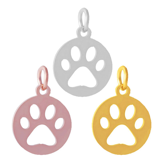 304 Stainless Steel Pendants, Flat Round with Dog Paw Prints