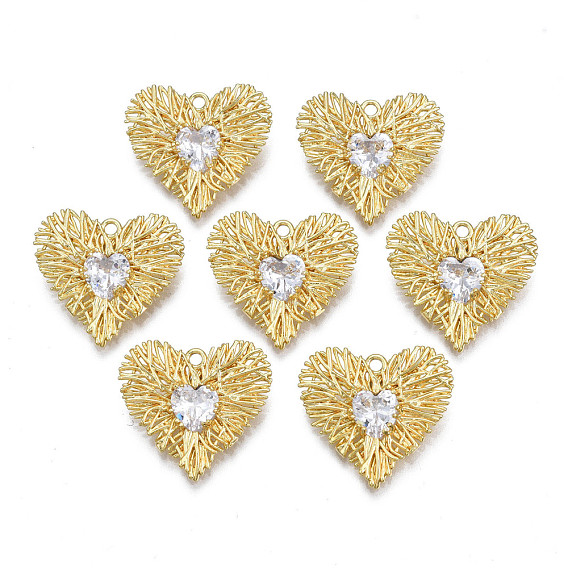 Brass Micro Pave Clear Cubic Zirconia Pendants, Nickel Free, Heart