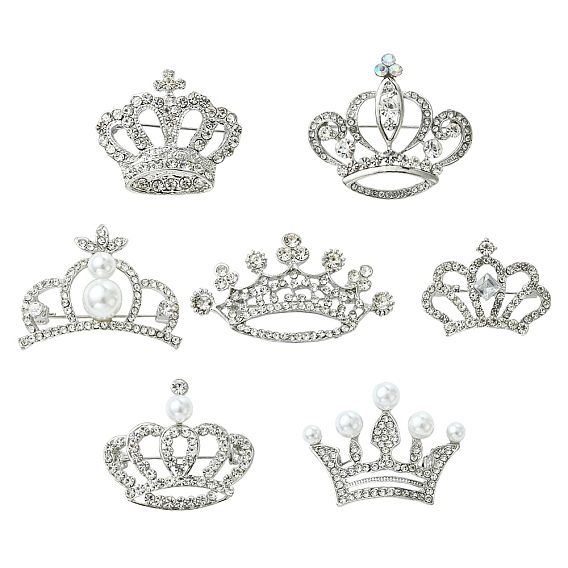 7шт. 7 стили брошь-корона с кристаллами и стразами, украшенная пластиковыми жемчужными бусинами, булавка из сплава для женщин