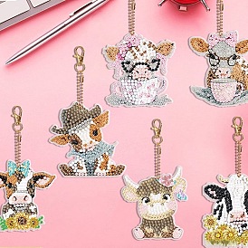 Cattle Cow DIY Diamond Painting Keychain Kit, Including Resin Rhinestones Bag, Diamond Sticky Pen, Tray Plate and Glue Clay