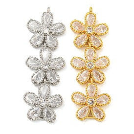 Brass Pave Clear Cubic Zirconia Three Flower Links Connector Charms, Long-Lasting Plated, Lead Free & Cadmium Free