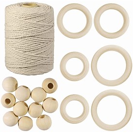 SUNNYCLUE DIY Home Decorations Makings, with Round Cotton Twist Threads Cords, Round Unfinished Wood Beads and Unfinished Wood Linking Rings