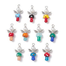 Handmade Lampwork Beads with Glass Pearl Round Bead Pendants, with Tibetan Style Alloy Findings and Iron Flat Head Pins, Mushroom & Angel