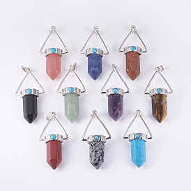Mixed Gemstone Pointed Pendants, with Brass Findings, Bullet, Platinum