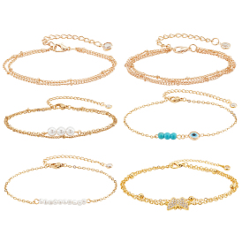 6шт 6 стиль сплава спутниковые и панцирные цепи многорядные браслеты набор, с ножным браслетом в виде бабочки из прозрачного стекла, сглаз и синтетические бирюзовые бусы составные браслеты для женщин