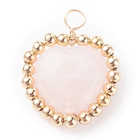 Pendentifs en quartz rose naturel à facettes en alliage, avec du fil de cuivre kc golde et de véritables perles plaquées or 18k, cœur