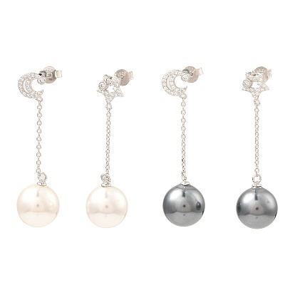 Shell Pearl Round Dangle Stud Earrings, Moon & Star Real Platinum Plated Rhodium Plated 925 Sterling Silver Asymmetrical Earrings with Cubic Zirconia