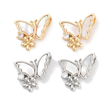 Brass Micro Pave Cubic Zirconia Pendants, Cadmium Free & Nickel Free & Lead Free, with Shell, Butterfly