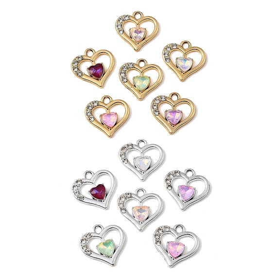 UV Plating Alloy Glass Pendants, Heart Charm, with Rhinestone, Faceted, Mixed Color