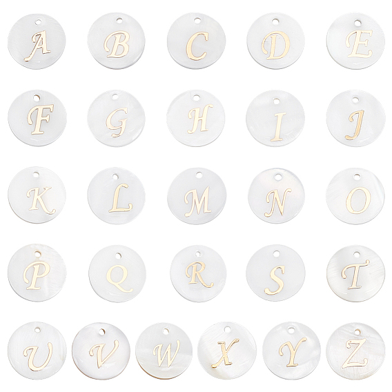 52 шт. 26 стили натуральная ракушка золотая эмаль плоская круглая с подвесками в виде букв, цвет морской раковины