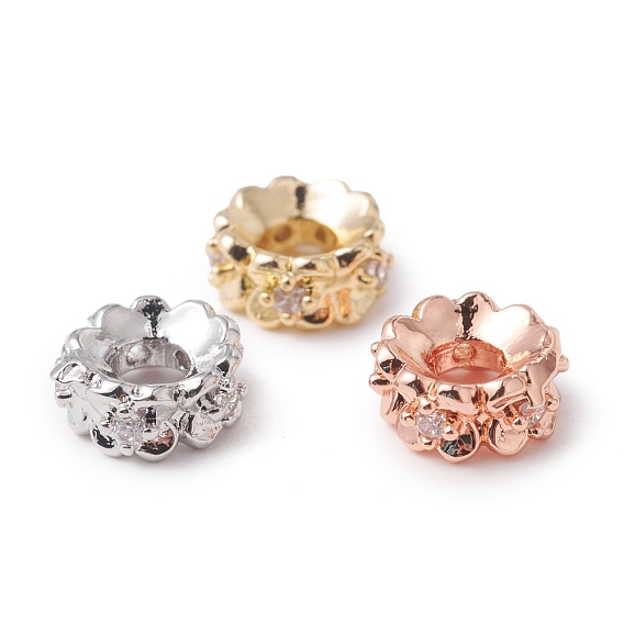 Eco-Friendly Rack Plating Brass Micro Pave Cubic Zirconia Beads, Long-Lasting Plated, Lead Free & Cadmium Free, Flower