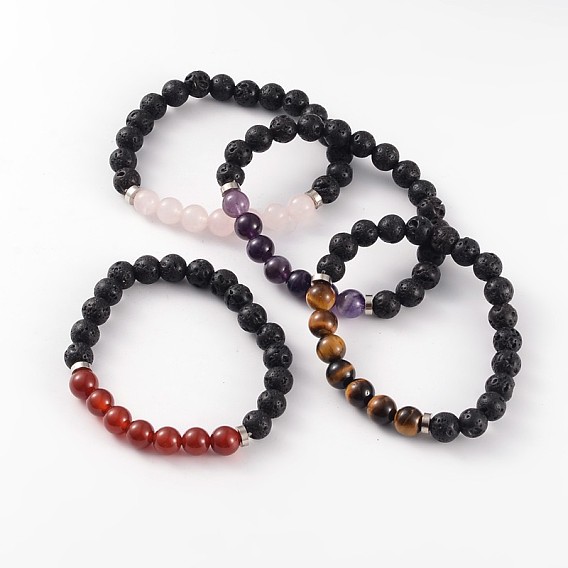 Natural Lava Rock Beaded Stretch Bracelets, with Gemstone Beads and Brass Findings, Platinum