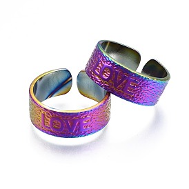 304 anneau de manchette mot amour en acier inoxydable, bague ouverte couleur arc-en-ciel pour femme