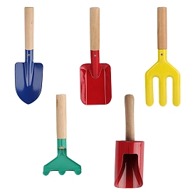 Garden Tools Set for Kids, Children Beach Sandbox Toy, Including Cylinder Scoop, Trowel, Spoon, Fork, Rake & Shovel with Wood Handle