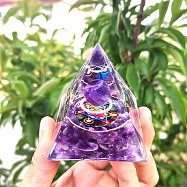 Orgonite Pyramid Resin Energy Generators, Reiki Natural Amethyst Chips & Copper Wire Inside for Home Office Desk Decoration