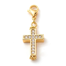 Pendentifs en laiton zircon cubique transparent, avec 304 fermoirs mousqueton en acier inoxydable et perles de fleurs en alliage, croix, religion