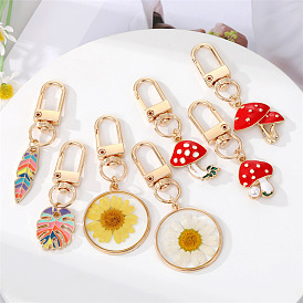 Color Drip Mushroom Feather Keychain Dried Flowers Leaves Electroplating Alloy Bag Pendant Accessories
