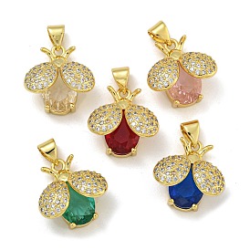 Rack Plating Brass Micro Pave Cubic Zirconia Pendants, with Glass, Long-Lasting Plated, Cadmium Free & Lead Free, Real 18K Gold Plated, Ladybug